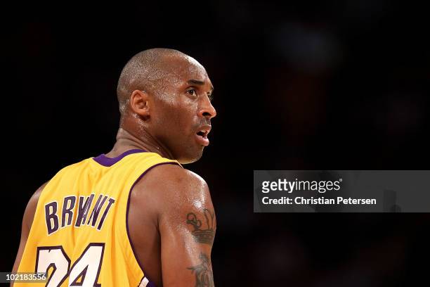 Kobe Bryant of the Los Angeles Lakers looks back in Game Seven of the 2010 NBA Finals against the Boston Celtics at Staples Center on June 17, 2010...