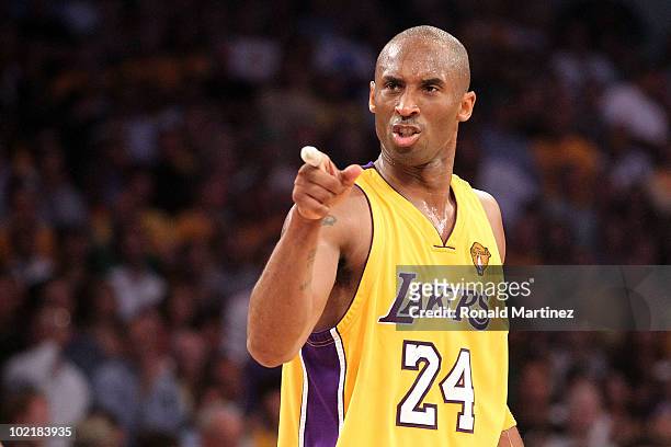 Kobe Bryant of the Los Angeles Lakers points in the second quarter of Game Seven of the 2010 NBA Finals against the Boston Celtics at Staples Center...