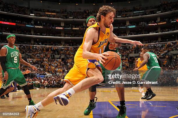 Pau Gasol of the Los Angeles Lakers drives against Rasheed Wallace of the Boston Celtics in Game Seven of the 2010 NBA Finals on June 17, 2010 at...