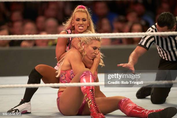 Professional Wrestling: WWE SummerSlam: Carmella in action vs Charlotte Flair during match at Barclays Center. Brooklyn, NY 8/19/2018 CREDIT: Rob...