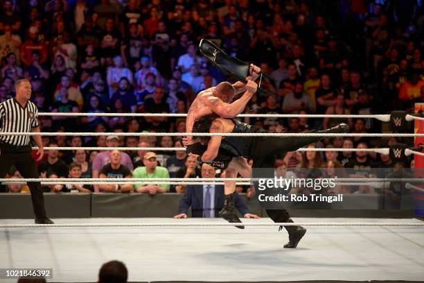 Professional Wrestling: WWE SummerSlam: Roman Reigns in action vs vs Brock Lesnar during Universal Championship match at Barclays Center. Brooklyn,...