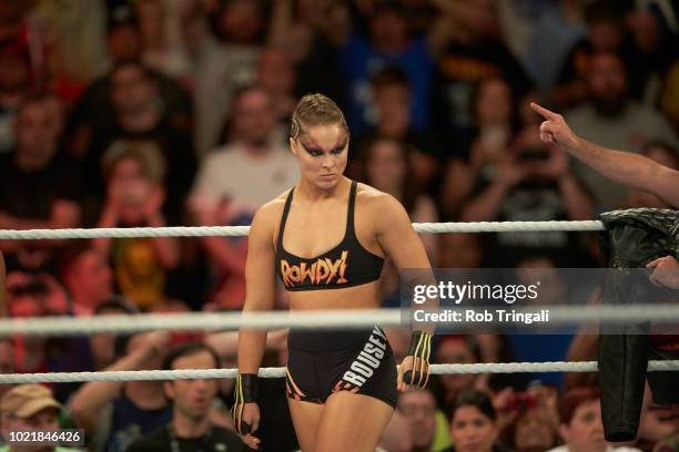 Professional Wrestling: WWE SummerSlam: Ronda Rousey in action during Raw Women's Championship match vs Alexa Bliss at Barclays Center. Brooklyn, NY...