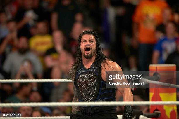 Professional Wrestling: WWE SummerSlam: Roman Reigns in ring before Universal Championship match vs Brock Lesnar at Barclays Center. Brooklyn, NY...
