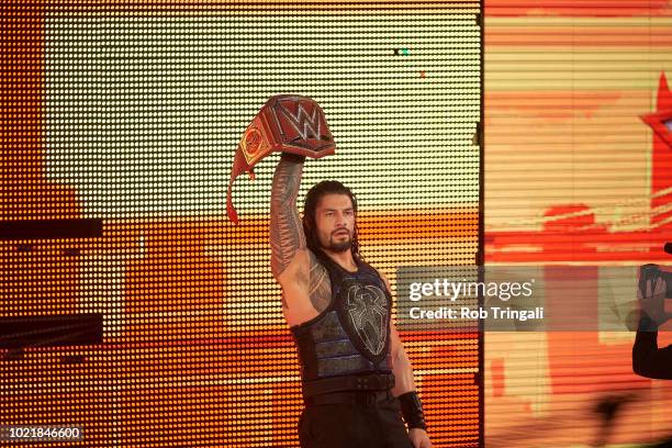 Professional Wrestling: WWE SummerSlam: Roman Reigns entering the arena with his belt before Universal Championship match vs Brock Lesnar at Barclays...