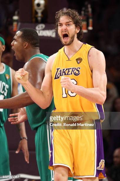 Pau Gasol of the Los Angeles Lakers reacts in the second half while taking on the Boston Celtics in Game Seven of the 2010 NBA Finals at Staples...
