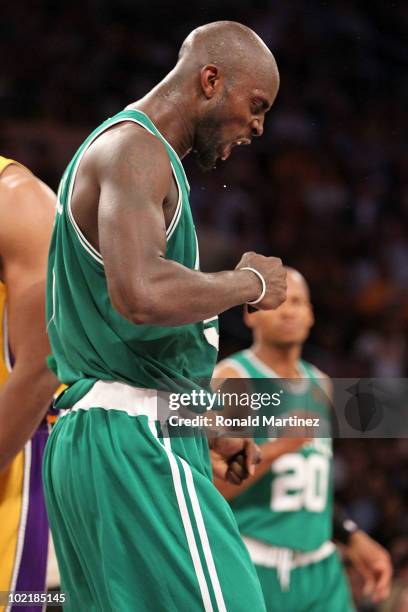 Kevin Garnett of the Boston Celtics reacts in the second half against the Los Angeles Lakers in Game Seven of the 2010 NBA Finals at Staples Center...