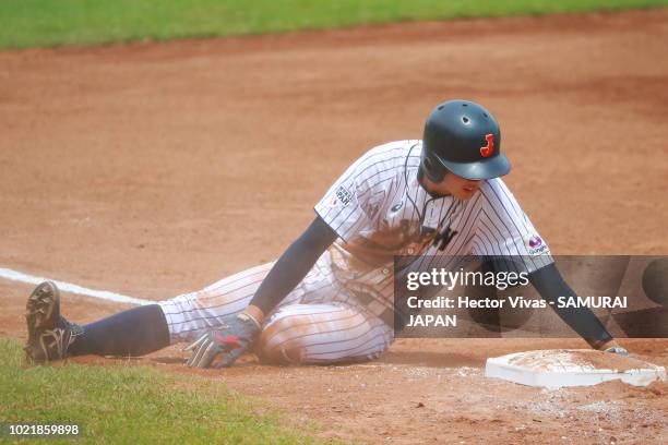 Isshin Obata of Japan reacts into third base in the 2nd inning during the Bronze Medal match of WSBC U-15 World Cup Super Round between Japan and...