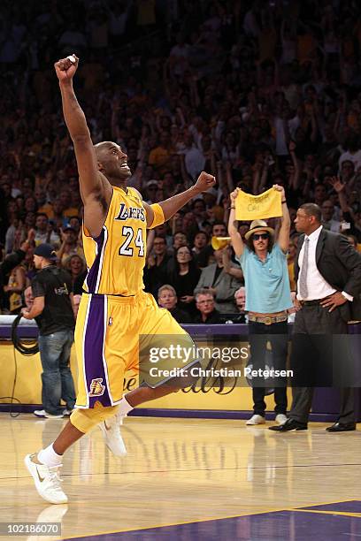 Kobe Bryant of the Los Angeles Lakers celebrates as the Lakers defeat the Boston Celtics in Game Seven of the 2010 NBA Finals at Staples Center on...