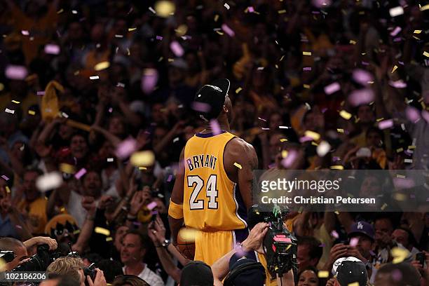 Kobe Bryant of the Los Angeles Lakers celebrates after the Lakers defeated the Boston Celtics in Game Seven of the 2010 NBA Finals at Staples Center...