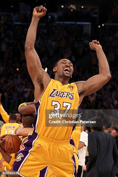 Ron Artest of the Los Angeles Lakers celebrates after the Lakers defeated the Boston Celtics in Game Seven of the 2010 NBA Finals at Staples Center...