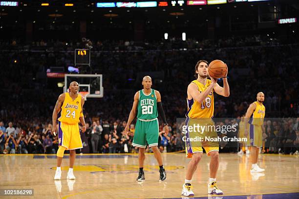 Sasha Vujacic of the Los Angeles Lakers shoots a free throw against the Boston Celtics in Game Seven of the 2010 NBA Finals on June 17, 2010 at...