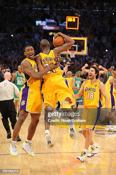 Ron Artest and Kobe Bryant of the Los Angeles Lakers celebrate following their victory over the Boston Celtics in Game Seven of the 2010 NBA Finals...
