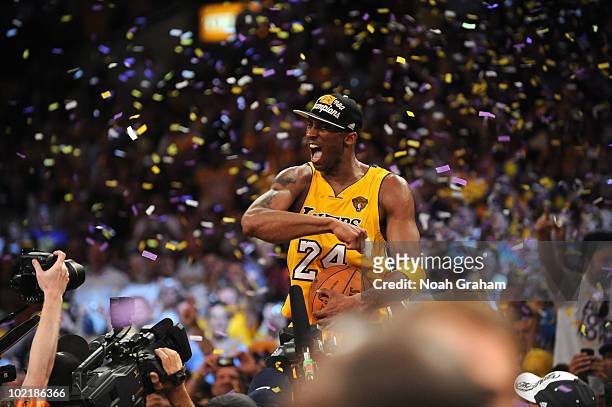 Kobe Bryant of the Los Angeles Lakers celebrates his team's victory over the Boston Celtics in Game Seven of the 2010 NBA Finals on June 17, 2010 at...