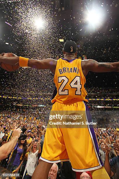 Kobe Bryant of the Los Angeles Lakers celebrates after winning over the Boston Celtics in Game Seven of the 2010 NBA Finals on June 17, 2010 at...