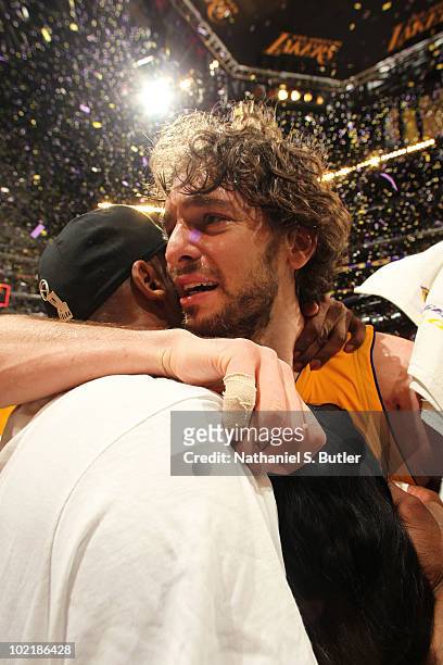 Pau Gasol and Kobe Bryant of the Los Angeles Lakers celebrate after winning over the Boston Celtics in Game Seven of the 2010 NBA Finals on June 17,...