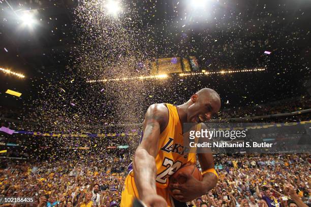Kobe Bryant of the Los Angeles Lakers celebrates after winning over the Boston Celtics in Game Seven of the 2010 NBA Finals on June 17, 2010 at...