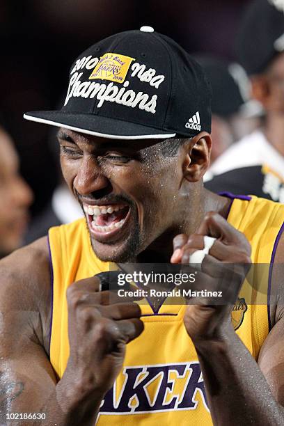 Ron Artest of the Los Angeles Lakers celebrates after the Lakers defeated the Boston Celtics in Game Seven of the 2010 NBA Finals at Staples Center...