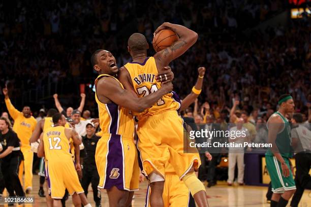 Ron Artest and Kobe Bryant of the Los Angeles Lakers celebrates as the Lakers defeated the Boston Celtics in Game Seven of the 2010 NBA Finals at...