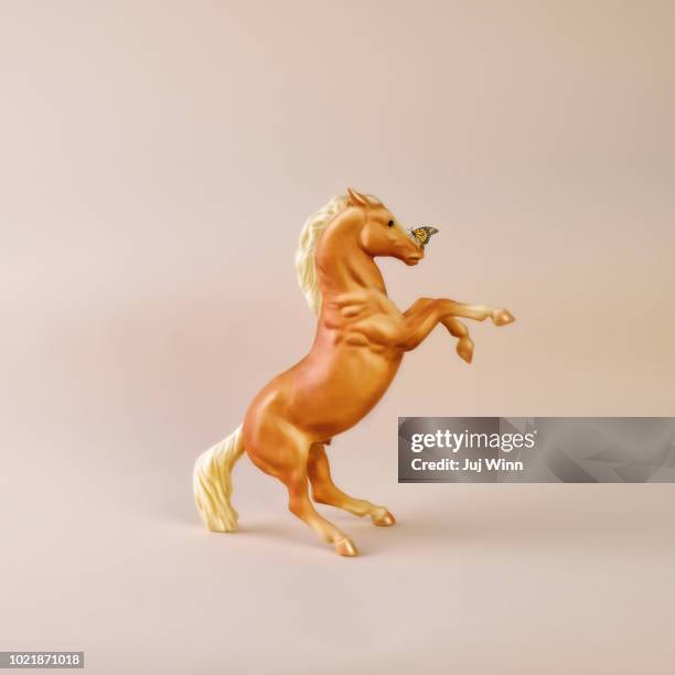 rearing toy horse with butterfly - se cabrer photos et images de collection