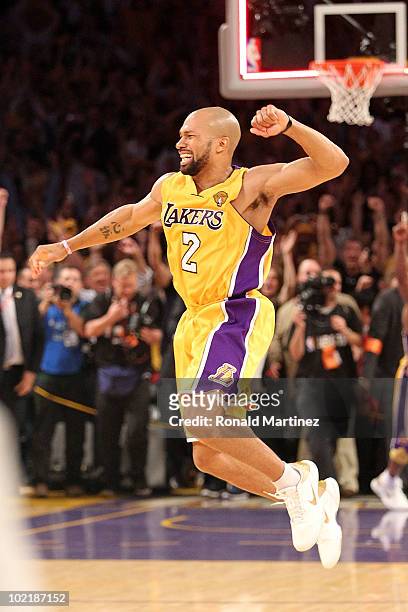 Derek Fisher of the Los Angeles Lakers celebrates after the Lakers defeated the Boston Celtics in Game Seven of the 2010 NBA Finals at Staples Center...