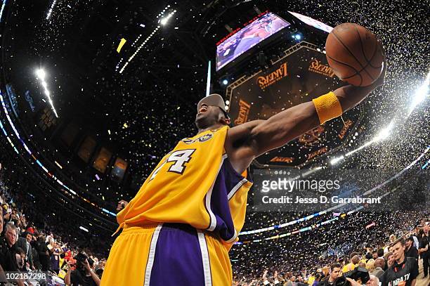 Kobe Bryant of the Los Angeles Lakers celebrates after defeating the Boston Celtics 83-79 in Game Seven of the 2010 NBA Finals on June 17, 2010 at...