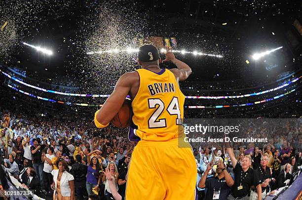 Kobe Bryant of the Los Angeles Lakers celebrates after defeating the Boston Celtics 83-79 in Game Seven of the 2010 NBA Finals on June 17, 2010 at...