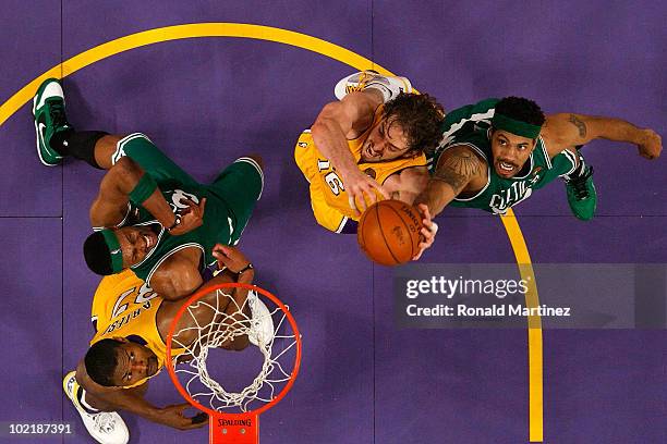 Rasheed Wallace of the Boston Celtics and Pau Gasol of the Los Angeles Lakers go up for a rebound in Game Seven of the 2010 NBA Finals at Staples...