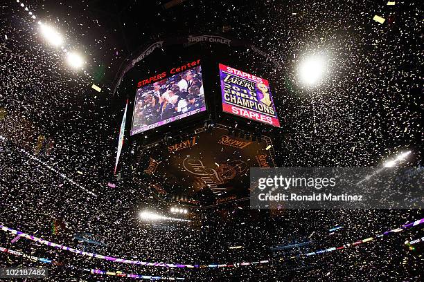 Confetti falls as the Los Angeles Lakers win the 2010 NBA Championship 83-79 against the Boston Celtics in Game Seven of the 2010 NBA Finals at...