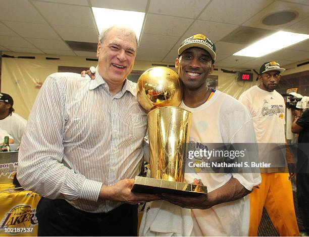 Derek Fisher of the Los Angeles Lakers celebrate after winning over the Boston Celtics in Game Seven of the 2010 NBA Finals on June 17, 2010 at...