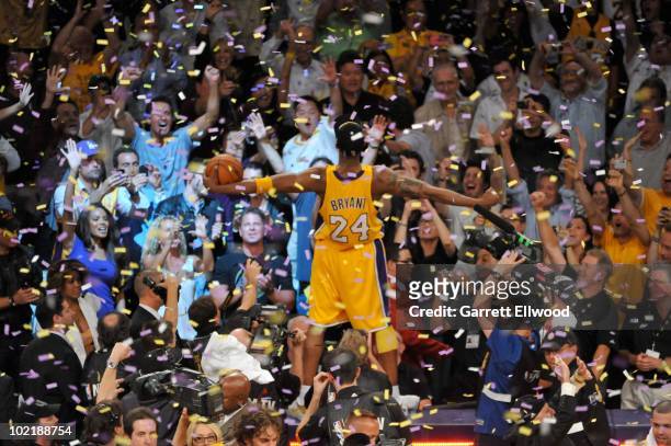 Kobe Bryant of the Los Angeles Lakers celebrates after Game Seven of the 2010 NBA Finals on June 17, 2010 at Staples Center in Los Angeles,...
