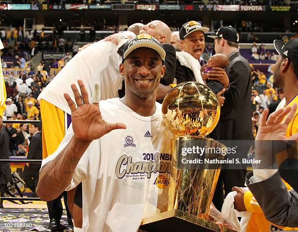 Kobe Bryant of the Los Angeles Lakers celebrate after winning over the Boston Celtics in Game Seven of the 2010 NBA Finals on June 17, 2010 at...