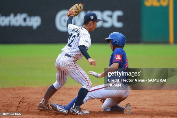 Seiya Fukuhara of Japan tagged out Ping-En Wu of Chinese Taipei in the 6th innning during the Bronze Medal match of WSBC U-15 World Cup Super Round...