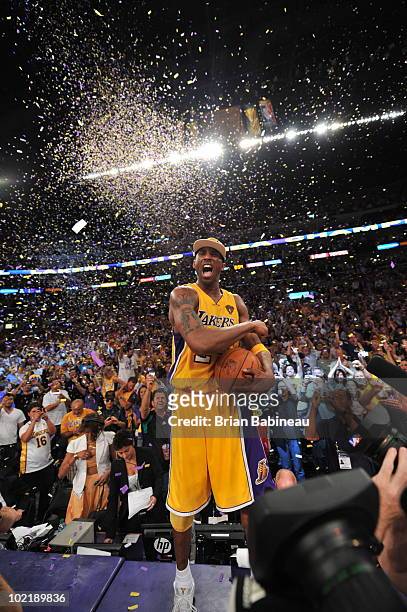 Kobe Bryant of the Los Angeles Lakers celebrates after defeating the Boston Celtics 83-79 in Game Seven of the 2010 NBA Finals on June 17, 2010 at...