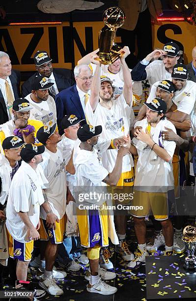 Pau Gasol and the Los Angeles Lakers celebrate after winning over the Boston Celtics in Game Seven of the 2010 NBA Finals on June 17, 2010 at Staples...