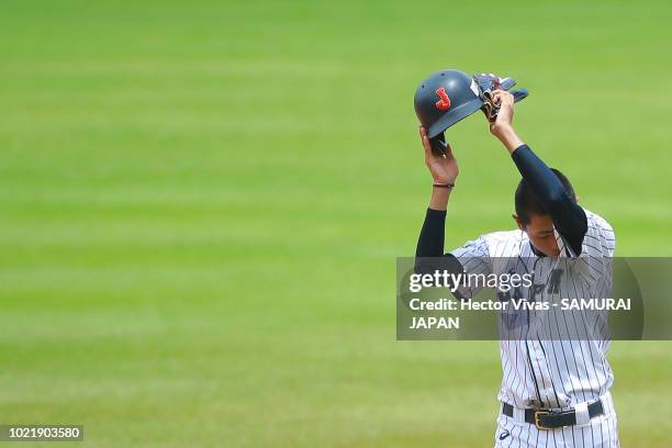 Shinnosuke Kanai of Japan reacts in the 2nd inning during the Bronze Medal match of WSBC U-15 World Cup Super Round between Japan and Chinese Taipei...