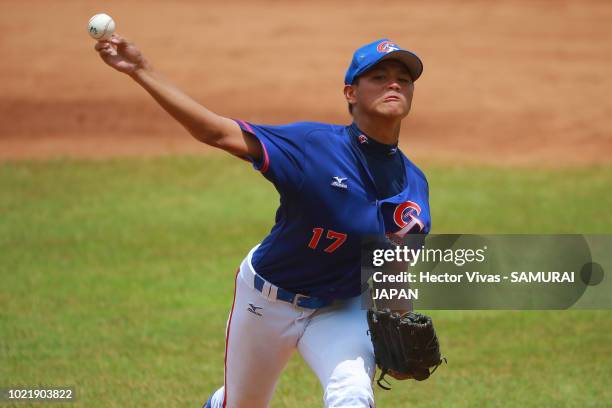 Hao-Yu Lee of Chinese Taipei pitches in the 2nd inning during the Bronze Medal match of WSBC U-15 World Cup Super Round between Japan and Chinese...