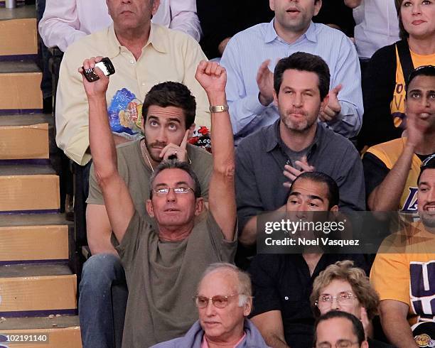 Jake Gyllenhaal attend Game Seven of the NBA playoff finals between the Boston Celtics and the Los Angeles Lakers during the 2010 NBA Playoff at...