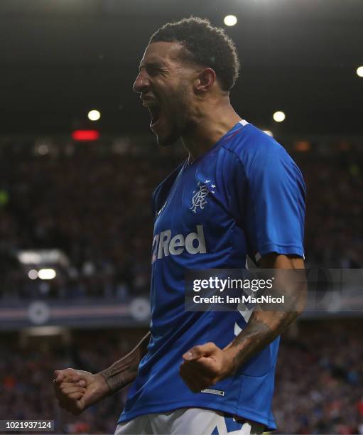 Connor Goldson of Rangers celebrates after scoring his team's opening goal during the first leg of the UEFA Europa League Play Off match between...