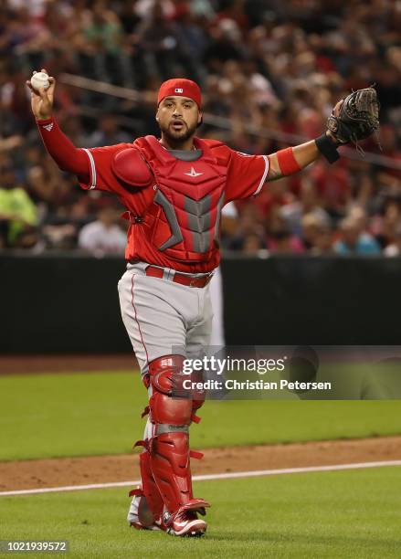 Catcher Rene Rivera of the Los Angeles Angels in action during the MLB game against the Arizona Diamondbacks at Chase Field on August 21, 2018 in...