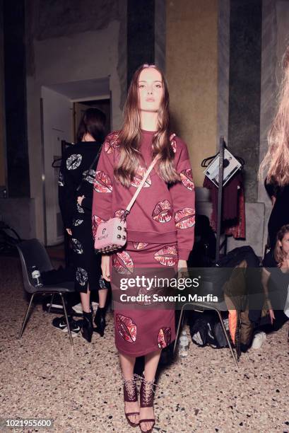 Model is seen backstage ahead of the Aigner show during Milan Fashion Week Spring/Summer 2018 on September 22, 2017 in Milan, Italy