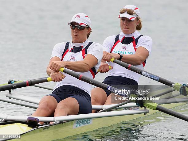 Anna Watkins and Katherine Grainger of Great Britain row in the women's double sculls qualification heat of the FISA Rowing World Cup on June 18,...
