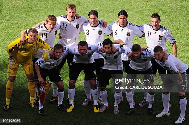 Germany's players pose for a group picture before their 2010 World Cup group D first round football match against Serbia on June 18, 2010 at Nelson...