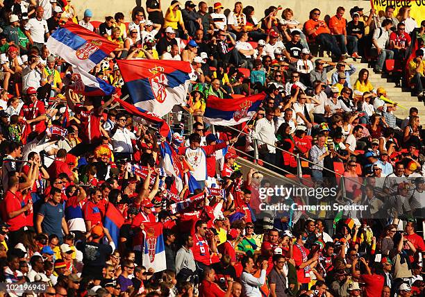 Serbia fans celebrate victory in the 2010 FIFA World Cup South Africa Group D match between Germany and Serbia at Nelson Mandela Bay Stadium on June...