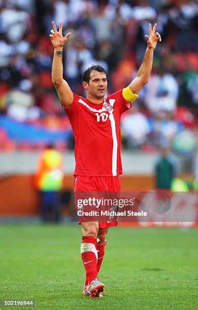 Dejan Stankovic of Serbia celebrates victory after the 2010 FIFA World Cup South Africa Group D match between Germany and Serbia at Nelson Mandela...