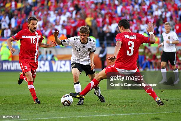 Thomas Mueller of Germany runs with the ball during the 2010 FIFA World Cup South Africa Group D match between Germany and Serbia at Nelson Mandela...