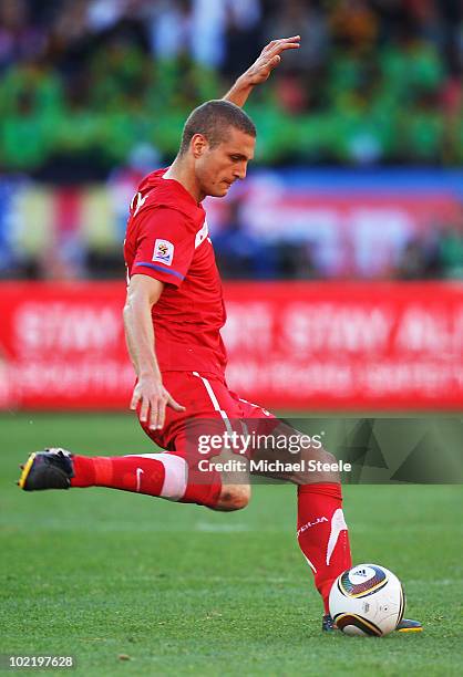 Nemanja Vidic of Serbia clears the ball during the 2010 FIFA World Cup South Africa Group D match between Germany and Serbia at Nelson Mandela Bay...