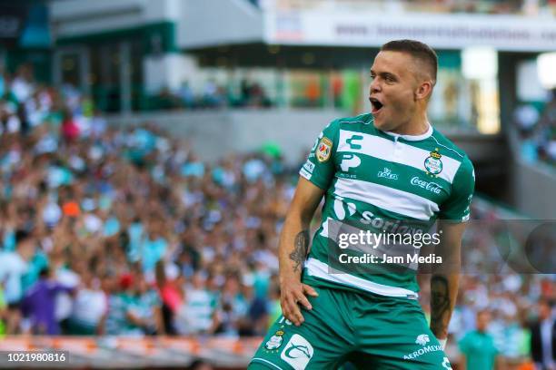 Jonathan Rodriguez of Santos celebrates after scoring the third goal of his team during the fifth round match between Santos Laguna and Tigres UANL...