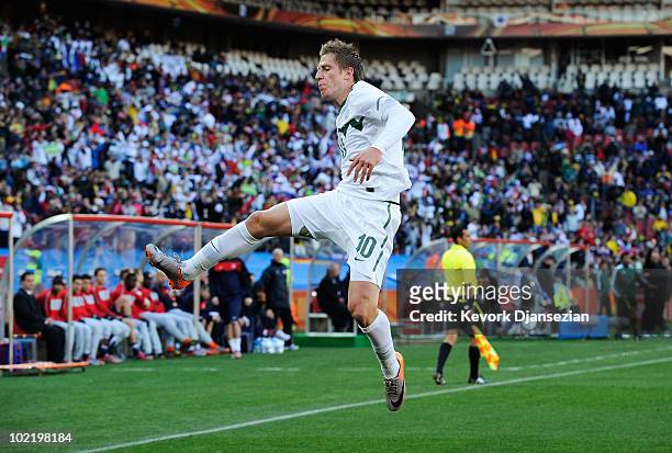 Valter Birsa of Slovenia celebrates scoring the first goal during the 2010 FIFA World Cup South Africa Group C match between Slovenia and USA at...