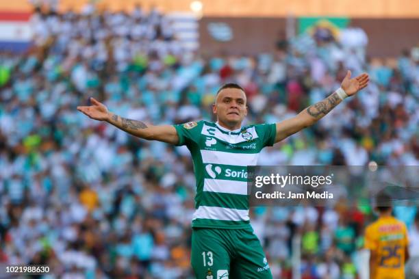 Jonathan Rodriguez of Santos celebrates after scoring the third goal of his team during the fifth round match between Santos Laguna and Tigres UANL...