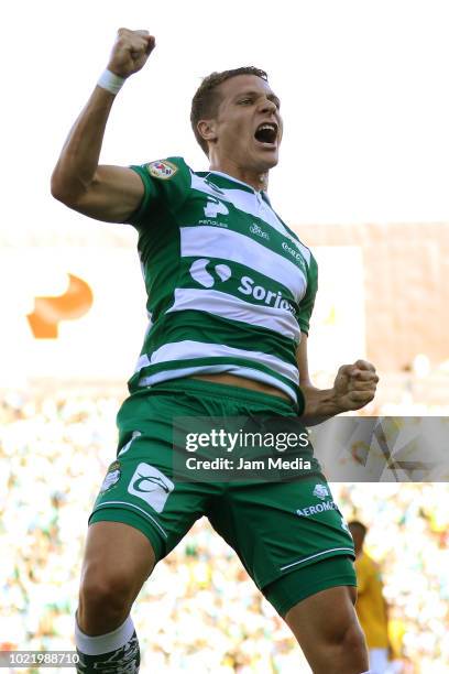 Julio Furch of Santos celebrates after scoring the first goal of his team during the fifth round match between Santos Laguna and Tigres UANL as part...